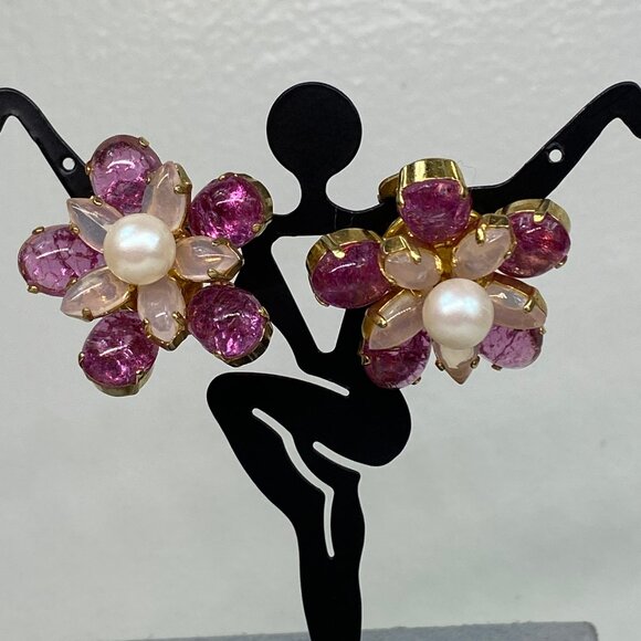 Vintage Christian Dior 1968 Germany Henkle & Grosse Pink & White Flower Clip-On - Picture 8 of 10